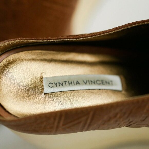 Cynthia Vincent Brown Leather Embossed Wedge slide - Picture 6 of 9